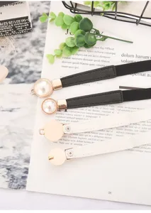 Women elastic thin belt pearl decorative waist dress strap adjustable stylish metal buckle accessory