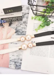 Women thin elastic waist belt with double pearl metal buckle detail stylish dress accessory