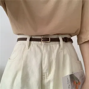 Vintage thin leather belt for women, slim brown waist strap with gold buckle for jeans dresses.