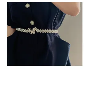 Pearl beaded elastic belt with rhinestone butterfly buckle for women dress waist chain