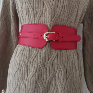 Rote breite elastische Taillengürtel für Damen, stilvoller Korsettgürtel mit goldener Schnalle.