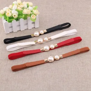 Women elastic waist belt with pearl buckle thin dress belts set fashionable accessory