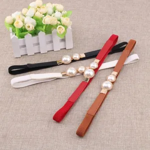 Women elastic pearl waist belt set, versatile decorative slim belts with metal buckle.