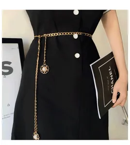 Women fashion metal waist chain belt elegant black dress braided camellia flower accessory