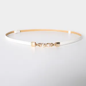 Slim white dress belt with delicate gold buckle and pearl detail for women fashion style.