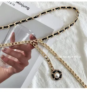 Women metal chain belt chic leather woven waist chain pearl camellia pendant dress accessory