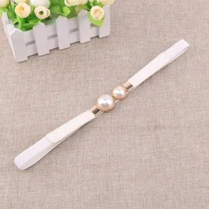 Women white elastic skinny belt with double faux pearl and gold metal buckle for dress.