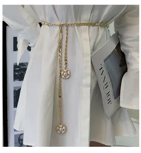 Women gold chain waist belt with elegant white camellia flower pendant dress accessory