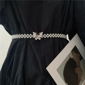 Pearl waist chain elastic rhinestone butterfly belt for women dress fashion accessory.