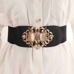 Damen schwarzer breiter elastischer Taillengürtel mit goldener Vintage Schnalle Kleidung
