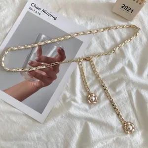 Women gold chain belt metal interweave leather pearl flower pendant dress sweater waist