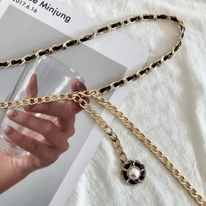 Women chic metal leather intertwined waist chain with pearl pendant for dress and coat.