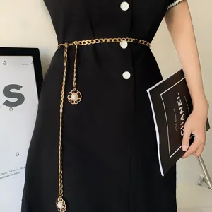 Women metal chain waist belt fashion camellia woven dress accessory adjustable waist jewelry