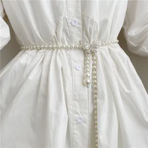 Pearl waist chain for women crystal butterfly dress belt vintage sweet decorative waistline
