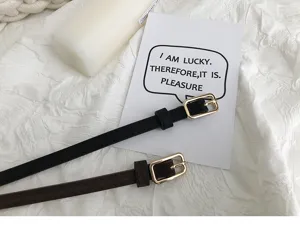 Women thin belt minimalist stylish dress jeans fashion accessories in black brown set.