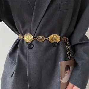 Vintage metal chain belt for women, retro waist accessory for dresses and suits.
