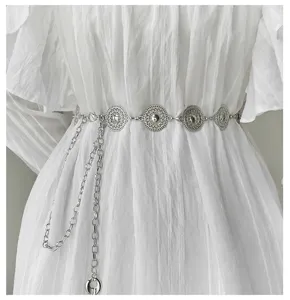 Metal chain waist belt with hollow round discs for women dress decoration detail view