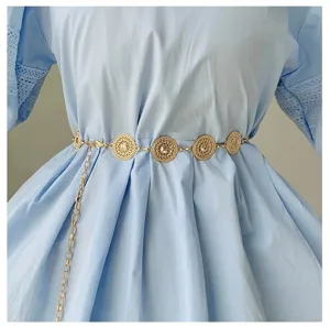 Gold metal chain belt detail, featuring intricate circular medallions for waist styling.