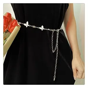 Silver butterfly waist chain detail, metal chain belt accessory for dresses and shirts.