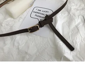 Slim brown women belt with chic gold buckle, versatile accessory for casual jeans and chic pants.