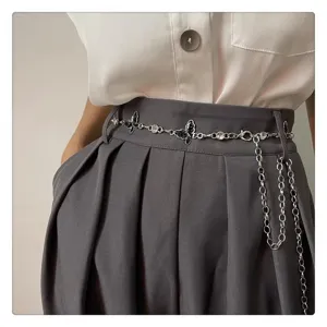 Silver metal butterfly waist chain for women, chic dress belt and summer pants chain accessory.