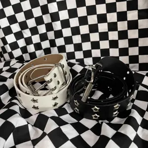 Women Y2K Punk Style Faux Leather Belt Star Hollow Out Rivets Double Grommet Pin Buckle Fashion Waist Accessories