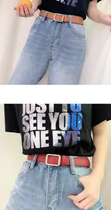 Modischer Damen Ledergürtel mit Metallschnalle, lässige Jeans Outfit Detailansicht.