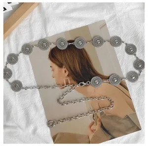 Vintage silver-tone metal coin chain belt for women, stylish waist decoration for dresses and suits.