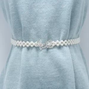 Women Fashion Pearl Waist Chain Elegant Elastic Dress Belt Rhinestone Butterfly Buckle Metal Waistband Lady Accessories