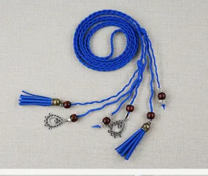 Boho blue braided waist rope with wooden beads metal pendants and delicate tassels for women.