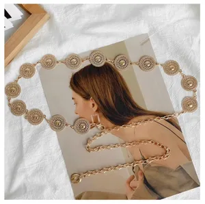 Elegant gold metal chain belt for women, chic hollow round medallion waist decoration accessory.