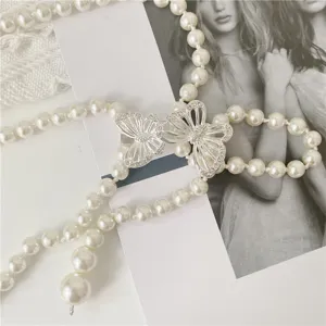 Pearl waist chain with double crystal butterfly buckles, sweet retro belt for dresses.