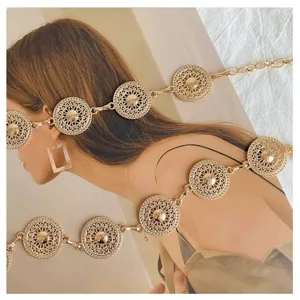 Metal chain belt for women, retro hollow round waist accessory for dress and coat.