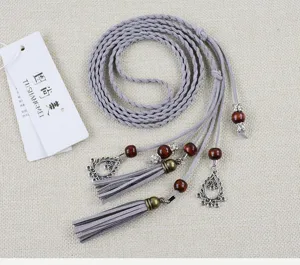 Boho braided waist chain detail, ethnic tassel belt with wooden beads and hanging tag for dress.