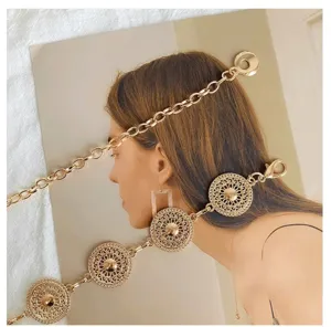 Gold metal chain belt for women, elegant hollow-out round metal waist chain for dresses.