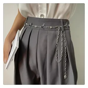 Chic silver butterfly waist chain for women, metallic pants chain and dress decorative belt.