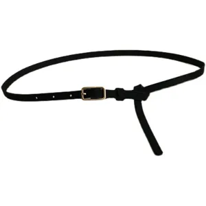Minimalist black thin leather belt for women with gold buckle, stylish accessory for jeans.