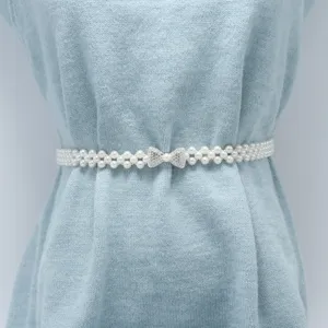 Women elegant pearl waist belt elastic beaded dress chain rhinestone bow fashion accessory