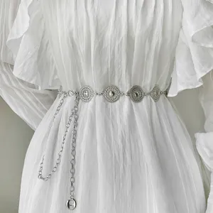 Elegant silver metal coin chain belt for women, chic hollow disc waist chain for dresses.