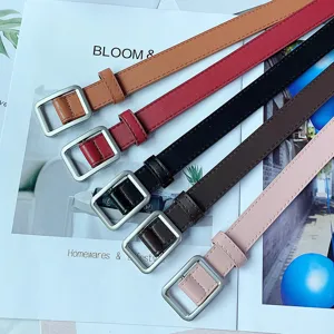 Minimalistische schmale Ledergürtel für Damen mit silberner quadratischer Schnalle im 5er Set