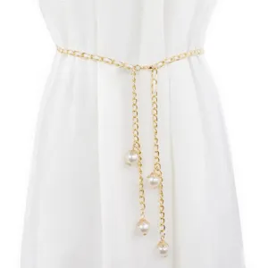 Elegant gold chain waist belt for women with pearl pendants, perfect for dresses.