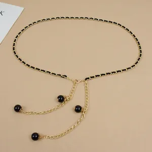 Women fashion metal waist chain black ribbon interwoven belt with pearl charms dress accessory
