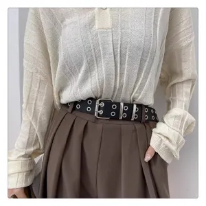 Schwarzer Damen Punk Ledergürtel mit Doppelösen und silberner Schnalle für stilvolle Looks.