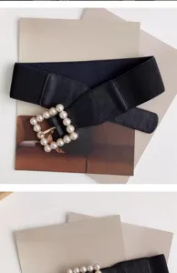 Women Fashion Elastic Waist Belt With Square Pearl Buckle Dress Coat Decoration Chic