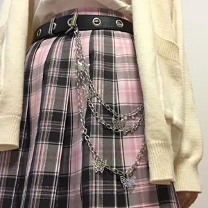 Punk butterfly metal waist chain with black belt and JK plaid skirt for women daily fashion.