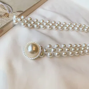 Women multi-strand pearl waist chain with large rhinestone buckle elegant dress accessory