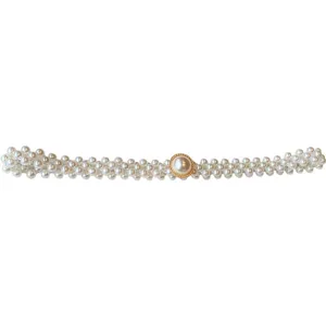 Elegant multi-strand pearl waist belt with central large pearl buckle for women dresses.