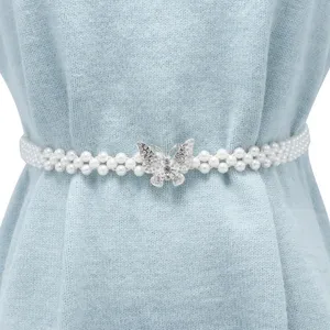 Women pearl waist chain elastic stretch dress belt rhinestone butterfly buckle fashion