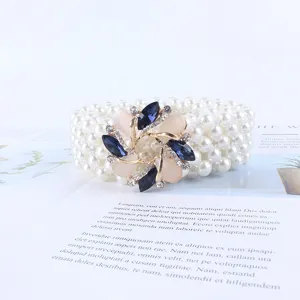 Ceinture de Taille Élastique Mode Femmes Perle Artificielle Strass Fleur Boucle Métal Robe Pull Chaîne de Taille