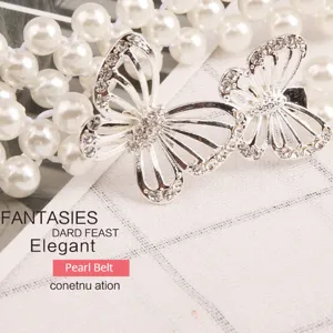 Elegant rhinestone butterfly pearl waist chain, fashion women dress elastic decorative belt.